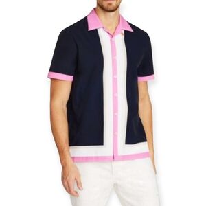 Tallia Sport Men’s Retro Shirt Blue Pink Striped Short Sleeve Camp Shirt Sz XXL